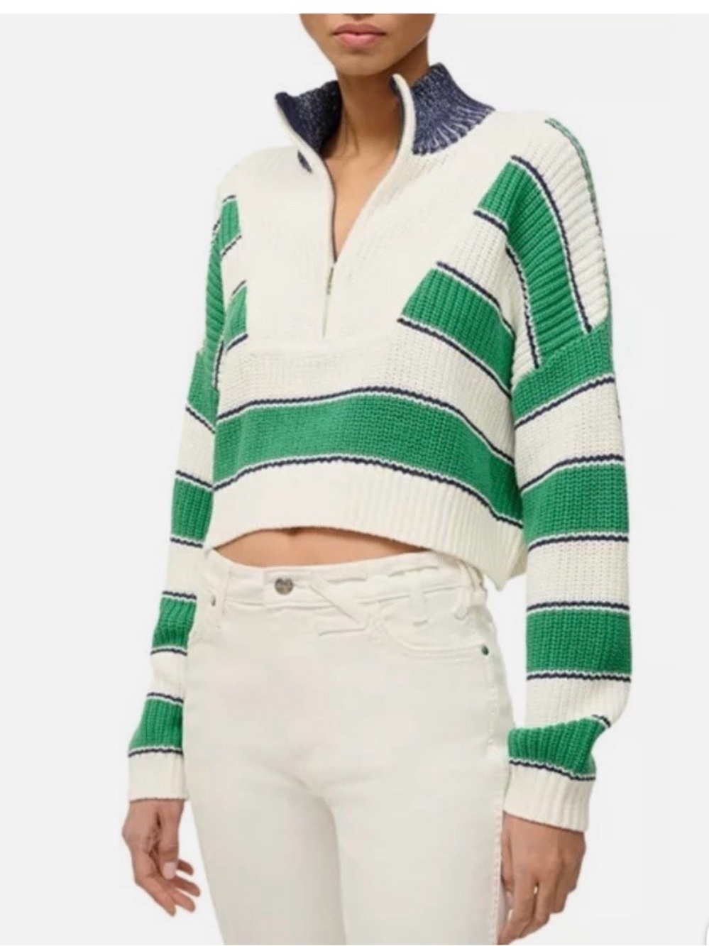 STAUD Striped Cropped Hamptons Sweater in Green & Cream